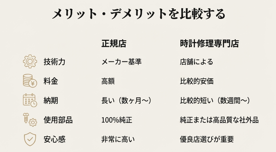 技術力、料金、納期、使用部品、安心感の5項目で正規店と時計修理専門店を比較した一覧表。