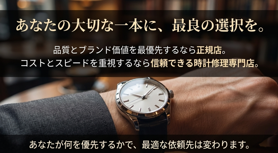 「あなたの大切な一本に、最良の選択を。」正規店と専門店のどちらを選ぶべきか、優先順位に応じた指針を示すスライド。