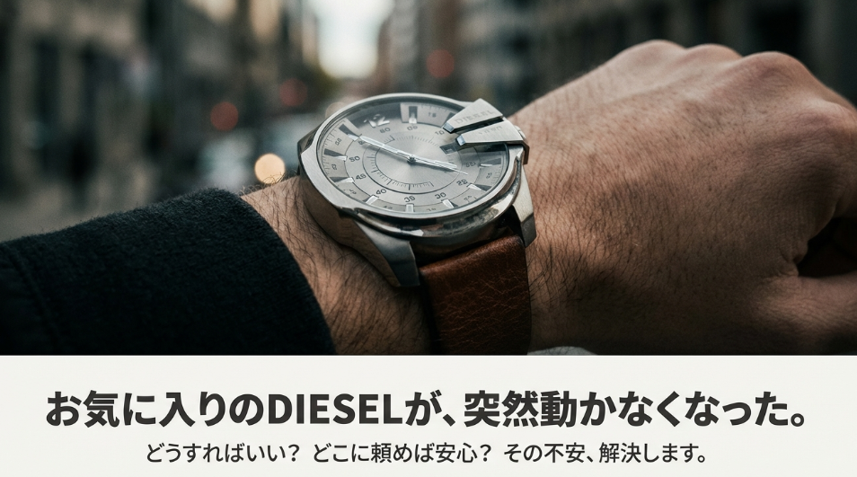 「お気に入りのDIESELが、突然動かなくなった。どうすればいい？」というキャッチコピーと、修理に関する不安を解決するという導入スライド。