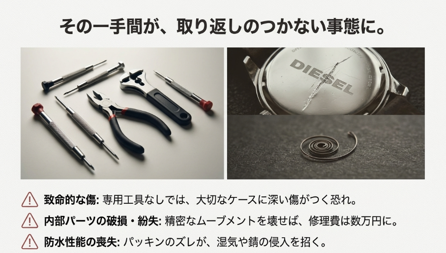 「その一手間が、取り返しのつかない事態に。」という警告文。専用工具なしでの作業によるケースの傷や内部パーツの破損リスクを示した写真。