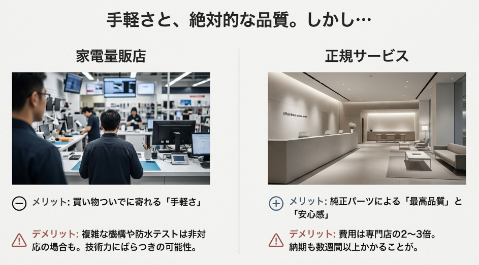 家電量販店の「手軽さ」と正規サービスの「品質」を対比し、それぞれのメリットとデメリット（技術のばらつき、費用、納期など）をまとめた比較スライド。