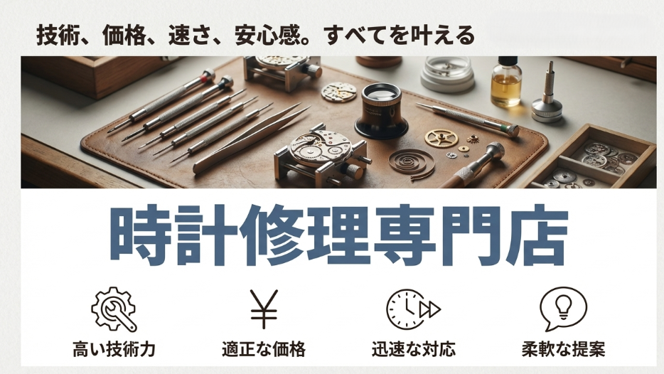 「技術、価格、速さ、安心感。すべてを叶える賢者の選択」として、時計修理専門店の特徴をまとめたスライド。
