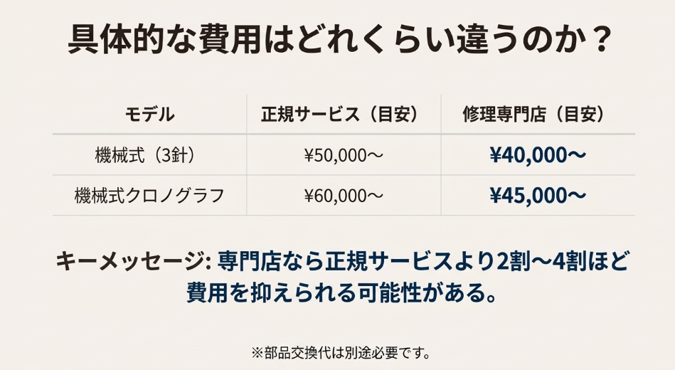 機械式3針、クロノグラフなどのモデル別に、正規サービスと修理専門店の料金目安を比較した一覧表。