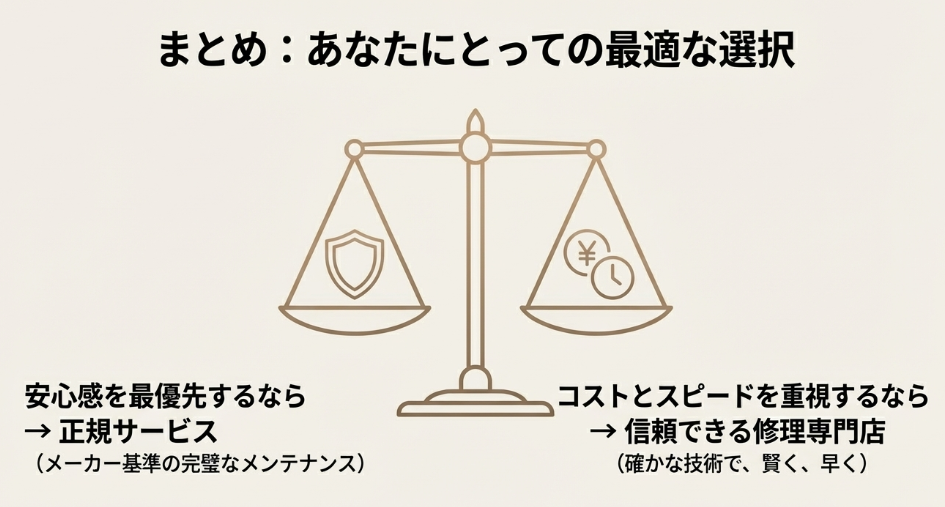 「まとめ：あなたにとっての最適な選択」。安心感を最優先するなら正規サービス、コストとスピードを重視するなら信頼できる修理専門店という指針。