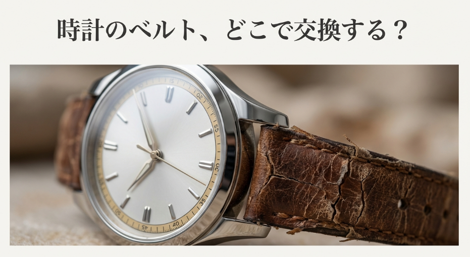 ヴィンテージ感のある革ベルトの腕時計の写真。「時計のベルト、どこで交換する？」というキャッチコピーのスライド。