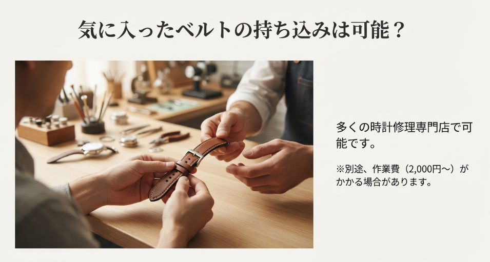 時計修理店でのベルト交換風景。「気に入ったベルトの持ち込みは可能？」という問いに対し、多くの専門店で可能であることと、別途作業費がかかる場合があることを解説。