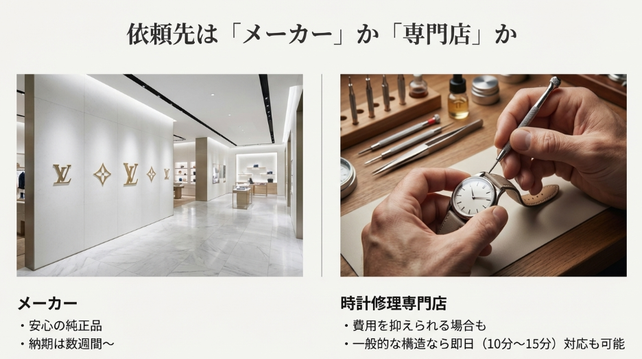 メーカー（純正品の安心感、納期長め）と時計修理専門店（費用抑制、即日対応可能）のそれぞれのメリット・デメリットを比較したスライド。