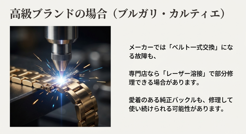 ブルガリやカルティエなどの高級ブランド時計における、メーカーでの一式交換ではなく、専門店での「レーザー溶接」による部分修理のメリット（純正バックルの維持など）を解説。
