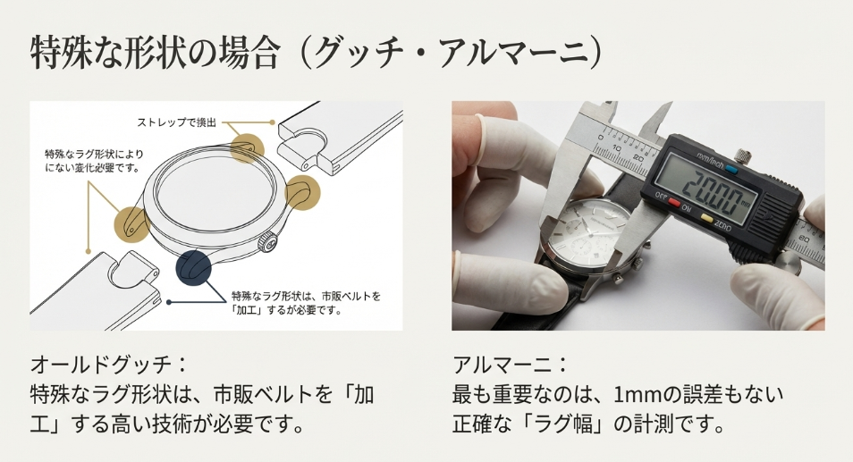 オールドグッチの特殊なラグ形状に合わせたベルトの「加工」や、アルマーニのベルト交換における正確な「ラグ幅」計測の重要性を解説したスライド。