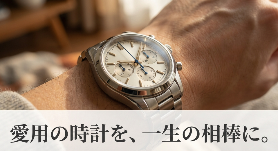 クロノグラフ腕時計のアップ写真。「愛用の時計を、一生の相棒に。」というキャッチコピーのスライド。