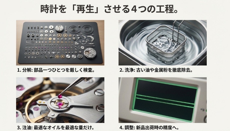 時計の分解部品、洗浄バスケット、注油作業、歩度測定器の写真。分解、洗浄、注油、調整という「再生」のための4つのプロセスを紹介。