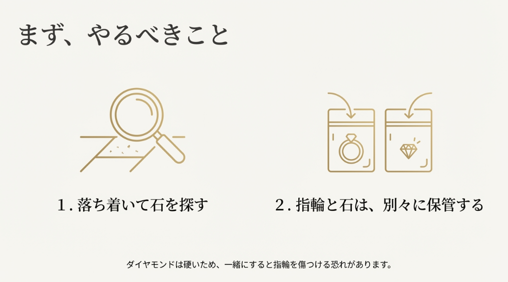 まずやるべきこととして、落ち着いて石を探すこと、ダイヤモンドで指輪を傷つけないよう別々に保管することを解説したスライド。