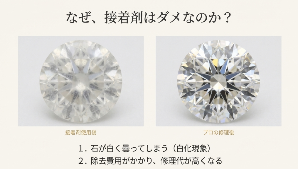 接着剤を使用すると石が白く曇る「白化現象」が起きることや、除去作業により修理代が高くなるリスクを比較画像で解説したスライド。