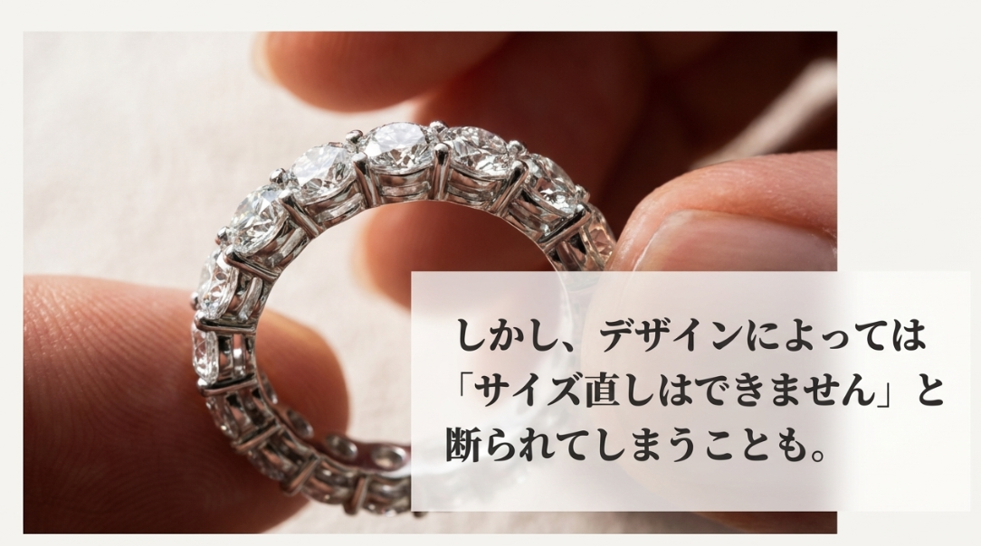 「しかし、デザインによっては『サイズ直しはできません』と断られてしまうことも」という現実を伝えるスライド。