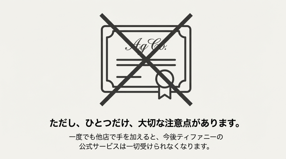 一度でも他店で手を加えると、今後ティファニーの公式サービスが受けられなくなるリスクを警告するスライド。