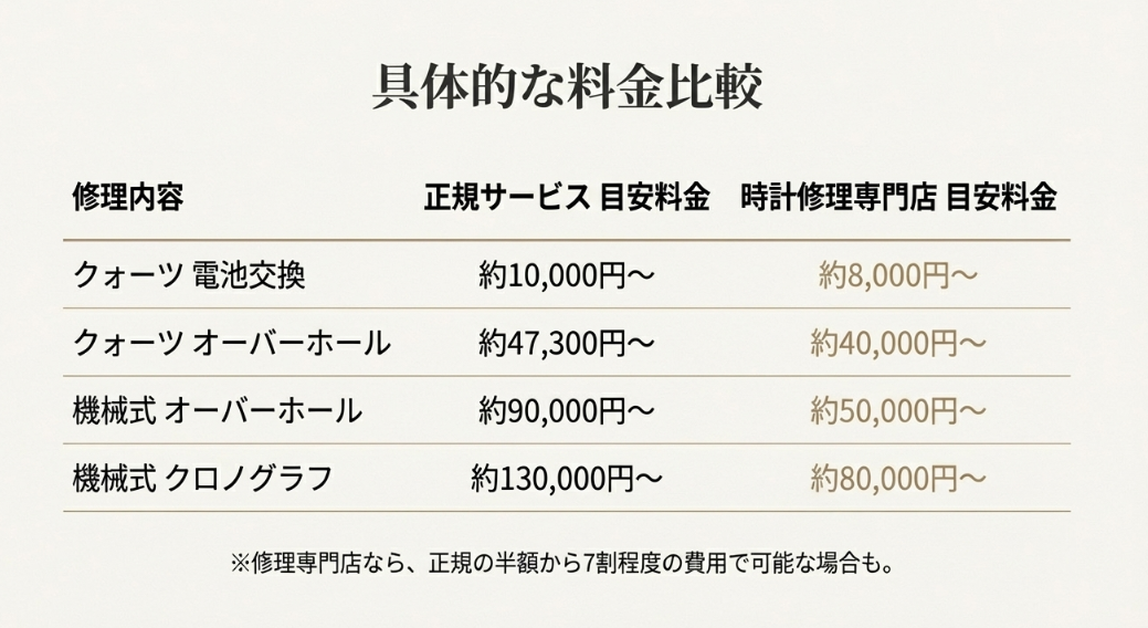クォーツ電池交換や機械式オーバーホールの料金目安を、正規サービスと時計修理専門店で比較した一覧表。