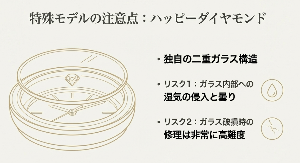 ショパールの代表モデル「ハッピーダイヤモンド」独自の二重ガラス構造と、湿気侵入やガラス破損のリスクについて解説したスライド。