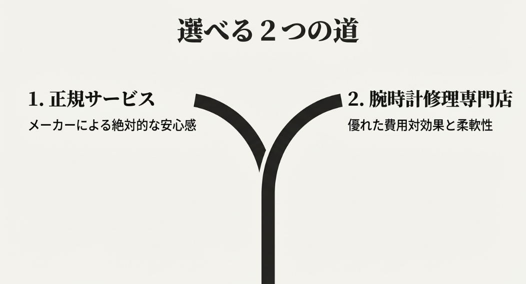 ウブロの修理依頼先として「正規サービス（絶対的な安心感）」と「腕時計修理専門店（費用対効果と柔軟性）」の2つの選択肢を提示するスライド。

ウブロの修理依頼先として「正規サービス（絶対的な安心感）」と「腕時計修理専門店（費用対効果と柔軟性）」の2つの選択肢を提示するスライド。