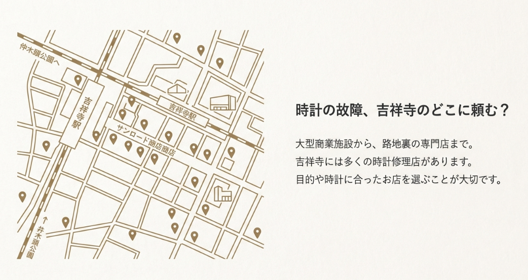 吉祥寺駅、サンロード商店街、井の頭公園周辺に点在する時計修理店の位置関係を示したイメージイラスト。