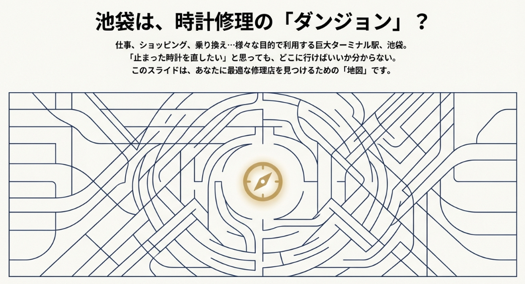 複雑な池袋駅周辺をイメージした背景に、「池袋は時計修理のダンジョン?最適な修理店を見つけるための地図」というキャッチコピーのスライド。