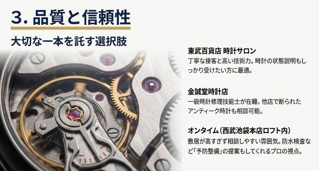 「品質と信頼性」を重視する人向けに、東武百貨店時計サロン、金誠堂時計店、オンタイム(ロフト内)の3店舗を紹介したスライド。
