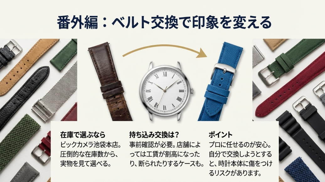 時計ベルト交換について、在庫豊富なビックカメラの活用法と、自己交換や持ち込みのリスクについて解説したスライド。