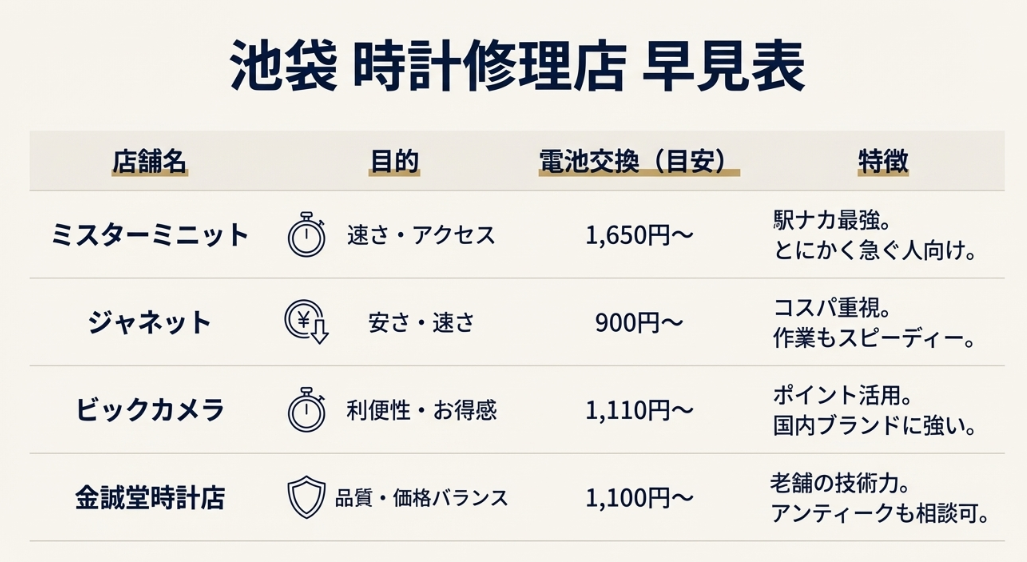 ミスターミニット、ジャネット、ビックカメラ、金誠堂時計店の電池交換料金目安と特徴を一覧で比較した表。
