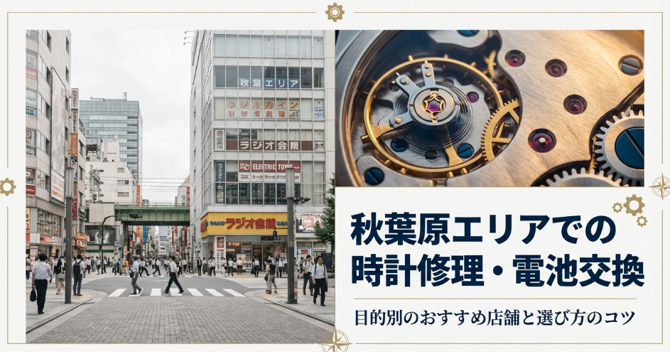 秋葉原のラジオ会館周辺の街並みを背景に、「秋葉原エリアでの時計修理・電池交換 目的別のおすすめ店舗と選び方のコツ」と記載されたアイキャッチ画像。
