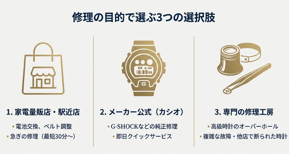修理の目的として「1. 家電量販店・駅近店(電池交換・ベルト調整)」「2. メーカー公式(カシオ製品など)」「3. 専門の修理工房(オーバーホールや高級時計)」の3パターンをアイコンと共に解説したスライド。