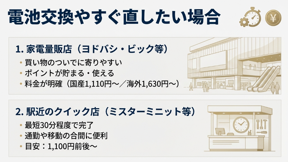 ヨドバシ・ビック等の家電量販店(ポイント利用可、料金明確)と、ミスターミニット等の駅近店(最短30分)の特徴と料金目安を比較したイラスト入りスライド。