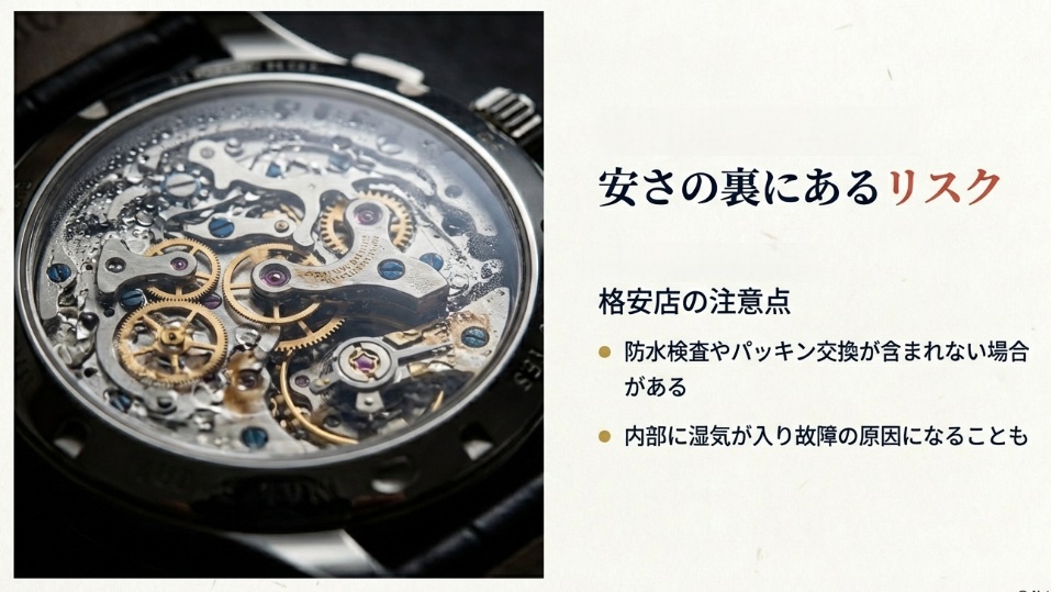 格安店では防水検査やパッキン交換が含まれない場合があり、内部の湿気による故障の原因になるリスクを説明するスライド。