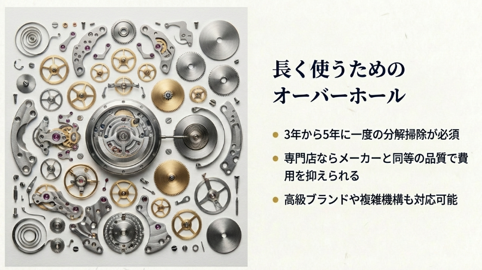 3年から5年に一度の分解掃除が必須であることや、専門店ならメーカー同等の品質で費用を抑えられることを説明するスライド。
