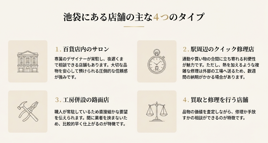 百貨店内のサロン、駅周辺のクイック修理店、工房併設の路面店、買取と修理を行う店舗の4つのタイプを示す図解