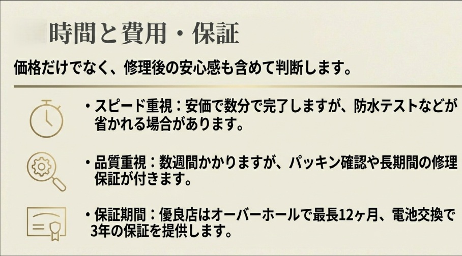 スピード重視と品質重視の修理の違いや、優良店が提供する最長12ヶ月のオーバーホール保証、3年の電池交換保証について記載されたスライド 。