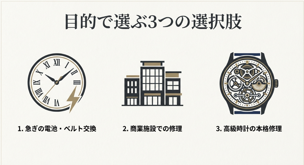 1.急ぎの電池・ベルト交換、2.商業施設での修理、3.高級時計の本格修理という、目的別の3つの選択肢を示す図解