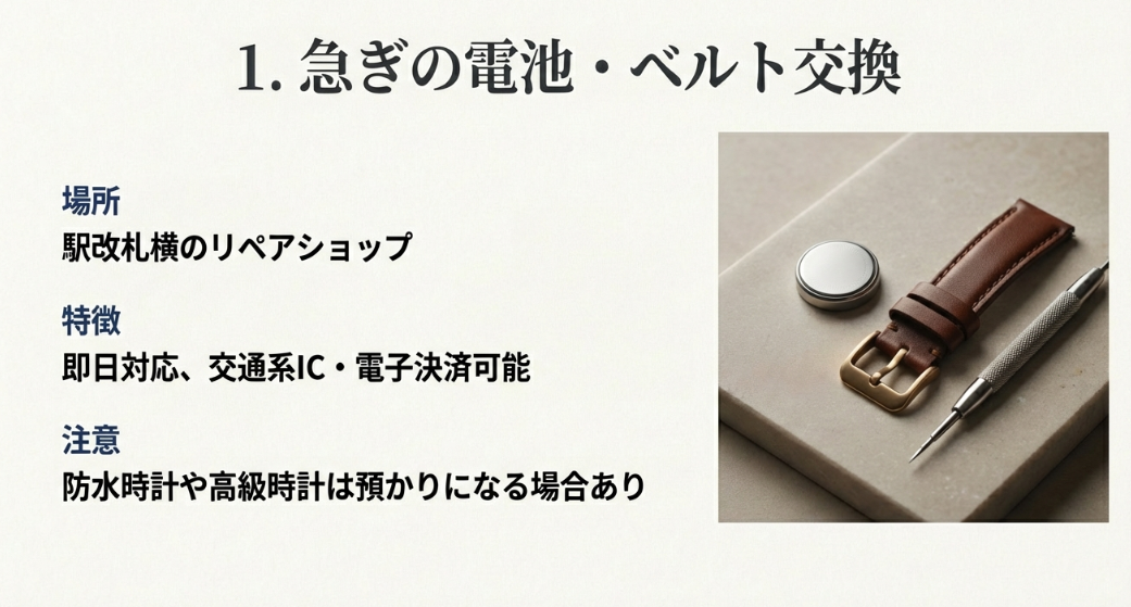 時計の革ベルトとボタン電池、専用工具のイメージ画像と、駅改札横のリペアショップにおける即日対応などの特徴