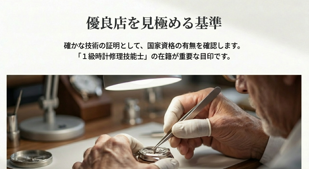 ルーペを着けて繊細な時計修理を行う熟練職人の画像と優良店の基準(1級時計修理技能士)についての解説