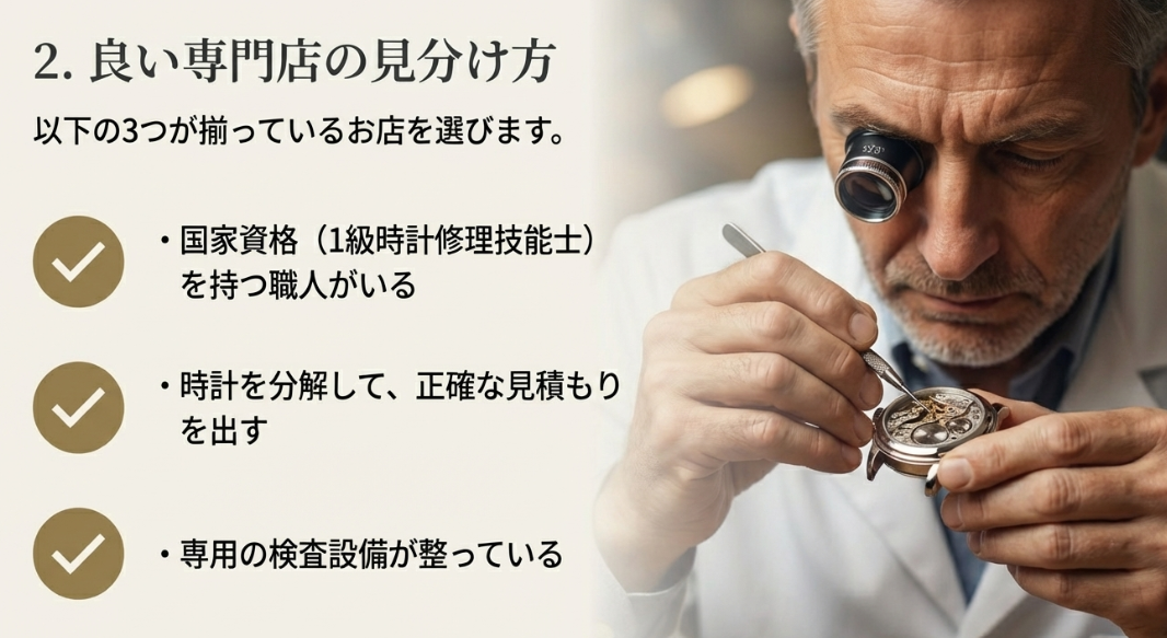 1級時計修理技能士の有無、分解による正確な見積もり、専用設備の3点を挙げた、良い専門店の見分け方スライド画像