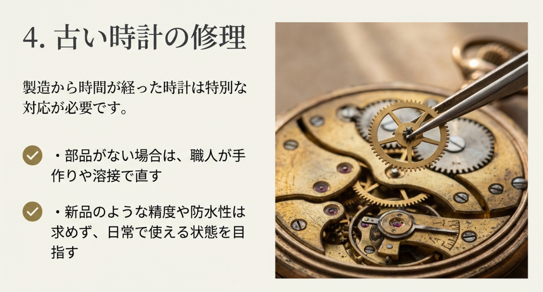 部品がない場合は手作りや溶接で直し、日常で使える状態を目指すという、古い時計の特別な修理対応を解説したスライド画像