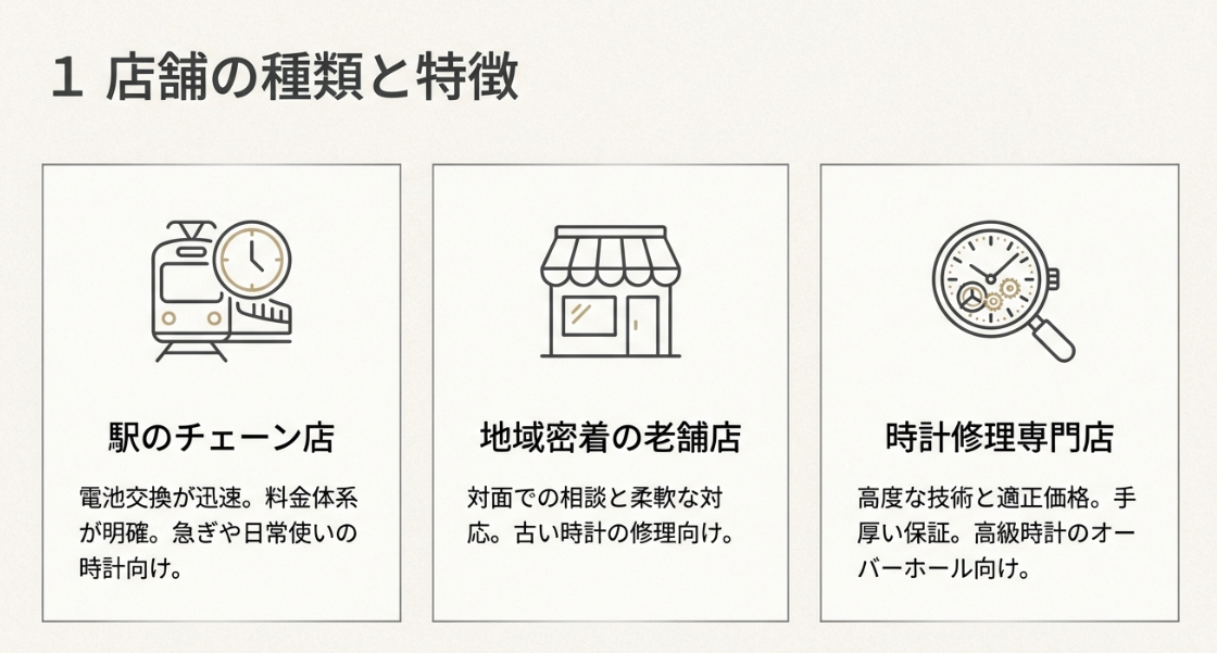 電車、店舗、時計と虫眼鏡のアイコンで表した時計修理店の種類(駅チカ、地域密着、専門店)