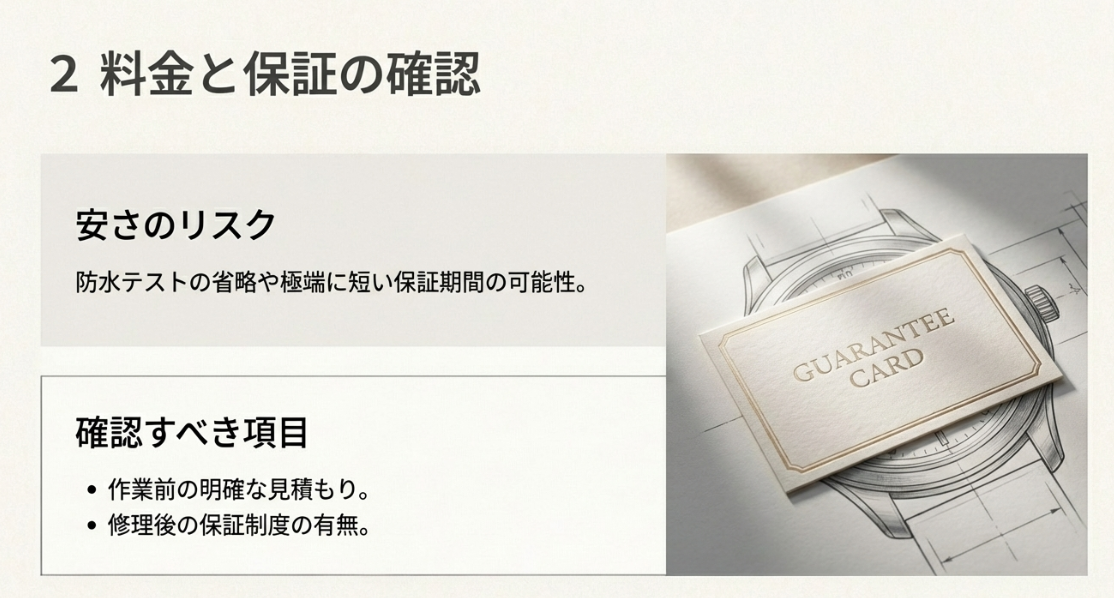 時計の設計図の上に置かれたギャランティーカード(保証書)のイメージ