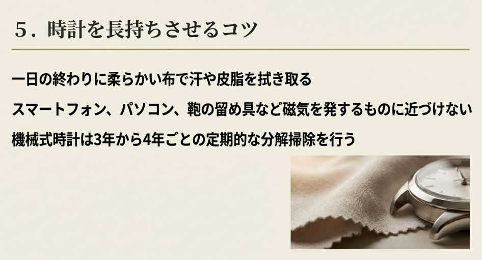 時計と柔らかいクロス(布)の画像、および時計を長持ちさせるための日常的な手入れや注意点をまとめたスライド