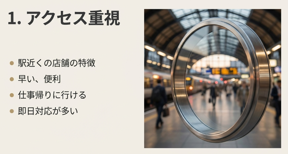 駅の時計のイメージ写真とともに、アクセス重視の店舗の特徴として「早い、便利」「仕事帰りに行ける」「即日対応が多い」と書かれたスライド