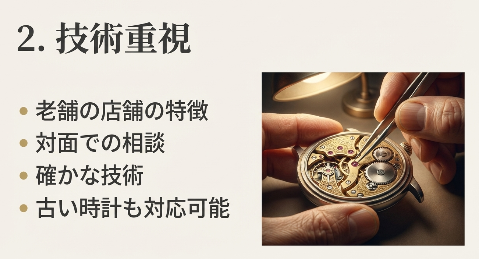 職人がピンセットで時計のムーブメントを修理している写真に、技術重視の特徴である「老舗の店舗の特徴」「対面での相談」「確かな技術」「古い時計も対応可能」と書かれたスライド