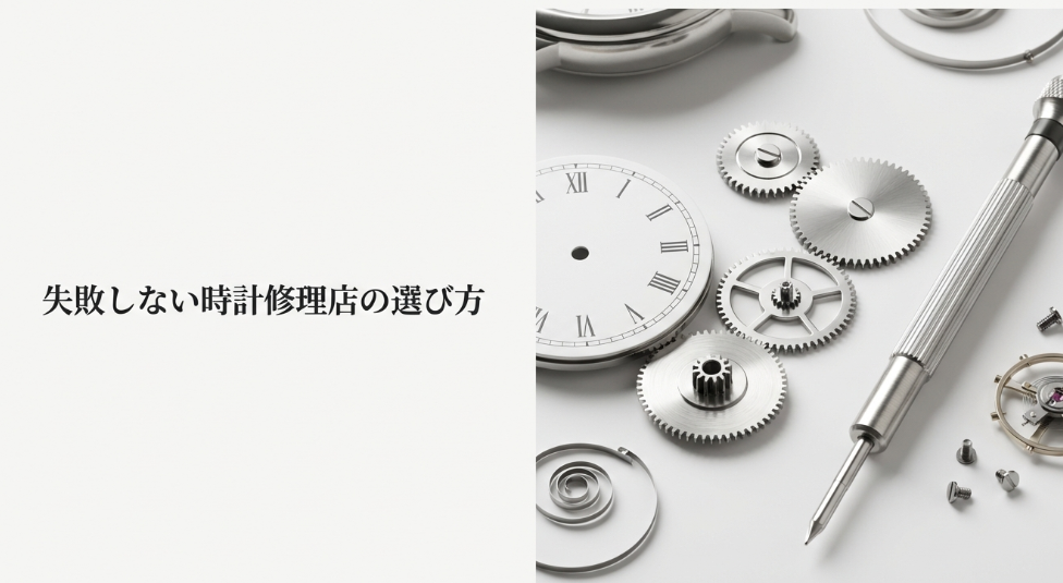 時計の文字盤と歯車のアイコンが描かれた「失敗しない時計修理店の選び方」のタイトルスライド画像