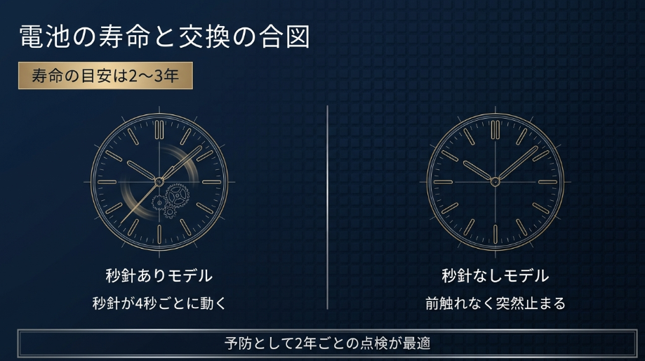 秒針あり・なしモデル別の電池寿命（2〜3年）と交換サインの説明 スライド3「電池切れを放置するとどうなる？」という文章の直後止まった時計を放置する危険性電池の液漏れによる回路ショートや歯車の固着、文字盤変色のリスク解説 スライド4「電池交換時に行うべきメンテナンス」の見出し直前長く愛用するための3つの秘訣油切れ防止、磁気抜き、パッキン交換による内部保護の重要性 スライド5「正規店と修理専門店の違い」の見出し直後正規店と修理専門店の比較表費用（3〜4万円vs4千〜1.5万円）や期間、資産価値維持などの比較表 スライド6「信頼できる修理店を見極めるポイント」の見出し直前失敗しない修理店の見極め方1級時計修理技能士の有無や事前説明、店舗の清潔感などチェックポイント スライド7「ロイヤルオークの電池交換における注意点」の文章直後ロイヤルオーク特有の構造とリスクベゼルの六角ネジやワンピース構造、金無垢素材の取り扱いリスク解説 スライド8「オーバーホールはいつすべき？」の見出し直後オーバーホールを検討する時期と症状電池交換2回に1回の目安や、時刻合わせの違和感、ガラスの曇りなどの症状 スライド9「当研究所での電池交換の取り組み」の見出し直後専門機関による精密な状態診断防水テスト、消費電流測定、ベルトやネジの緩み確認など点検工程の紹介 スライド10記事の最後（まとめ・お問い合わせ）の直前大切な時計を守るための最適なご提案原宿駅から徒歩1分のアクセス情報と、国家資格者による郵送修理受付の案内 