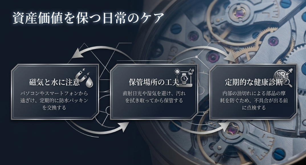 磁気と水への注意、保管場所の工夫(直射日光や湿気を避ける)、不具合が出る前の定期的な点検(健康診断)をまとめたメンテナンスガイド 。