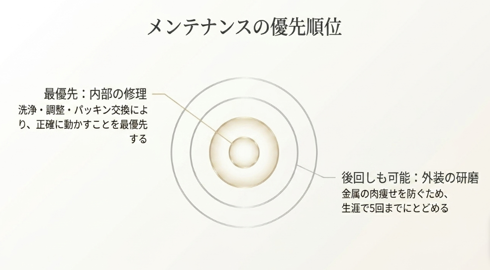 内部の修理(洗浄・調整・パッキン交換)を最優先とし、外装の研磨は生涯5回までを目安に後回し可能とする優先順位の解説図。