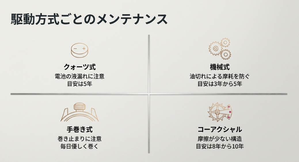 クォーツ（5年）、機械式（3〜5年）、手巻き（巻き止まり注意）、コーアクシャル（8〜10年）のメンテナンス周期と注意点をまとめたスライド。