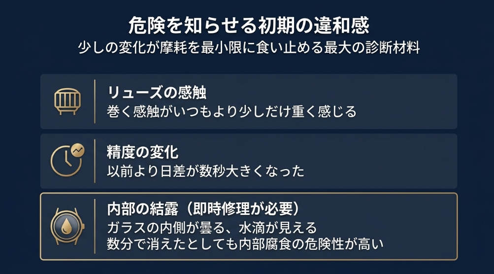 リューズを巻く感触の重さ、精度の変化(日差の拡大)、内部の結露(ガラスの曇り)など、摩耗を最小限に食い止めるための具体的なチェックポイントを記したリスト 。